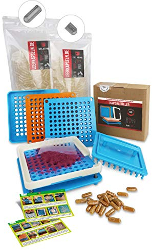 Kapselfüller + 1000 Leerkapseln Gr. 00 | getrennte Gelatine Kapselhälften - kein vorheriges Öffnen nötig | Kapselfüllgerät [100 Löcher] zum selber befüllen | Filler (Kapselfüller inkl. 1000)