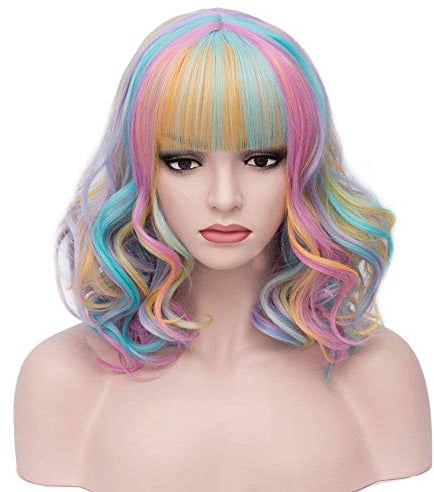 BERON 35,6 cm Regenbogen-Perücke, kurz, gewellt, Regenbogen-Perücken mit Pony, Bob-Perückenkappe inklusive