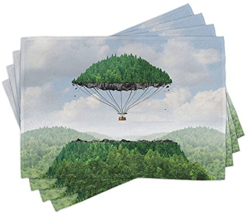 ABAKUHAUS Fantasie Platzmatten, Heißluft-Ballon Berg, Waschbare Stoff Esszimmer Küche Tischdekorations Digitaldruck, Grün Grau