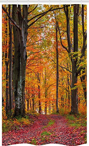 ABAKUHAUS Herbst Schmaler Duschvorhang, Gelbes Blatt Baum im Wald, Badezimmer Deko Set aus Stoff mit Haken, 120 x 180 cm, Aprikose Braun Rot