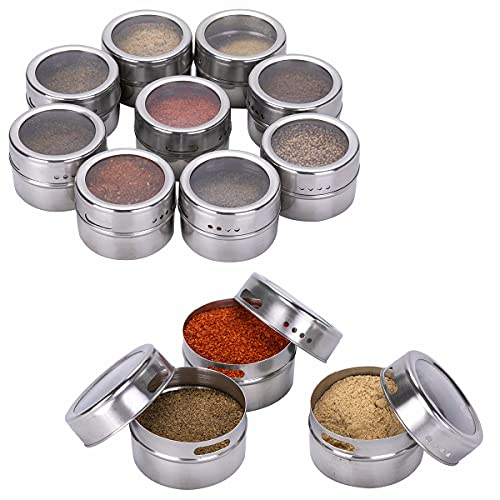 Kingmate 12 Stück (Primärfarbe) Gewürzdosen Magnetisch Edelstahl Gewürze Spice Jars, 96 Gewürzetiketten & 24 Blankoetiketten, Gewürzregal Gewürzdosen Set Glas Magnetisch Gewürz Spice Box