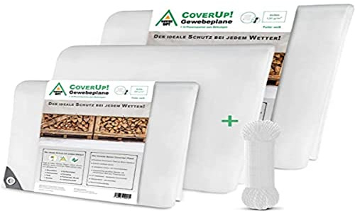 CoverUp! Abdeckplane 6x8 m Weiß (120 g/m²) – Wasserfest & UV‑stabilisiert, reißfest mit verstärkten Gummiecken & Alu‑Ösen, inkl. 30 m Seil – für Garten, Camping, Holz, Auto