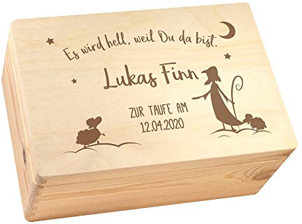 Casa Vivente Erinnerungskiste zur Taufe mit Gravur, Personalisiert mit Namen und Taufdatum, Keepsake Box aus Holz, Taufgeschenke