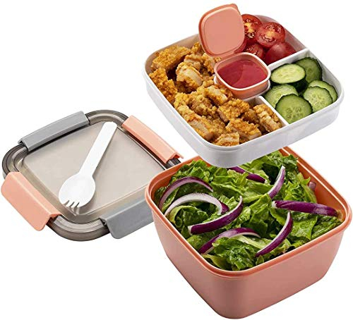 MUJUZE Lunchbox mit unterteilung fächern,Salat box to go,Brotdose mit Besteck Erwachsene/Kinder,Brotzeitbox Nachhaltig Auslaufsicher,Bento Box für Schule/Arbeit/Picknick Reisen(pink)