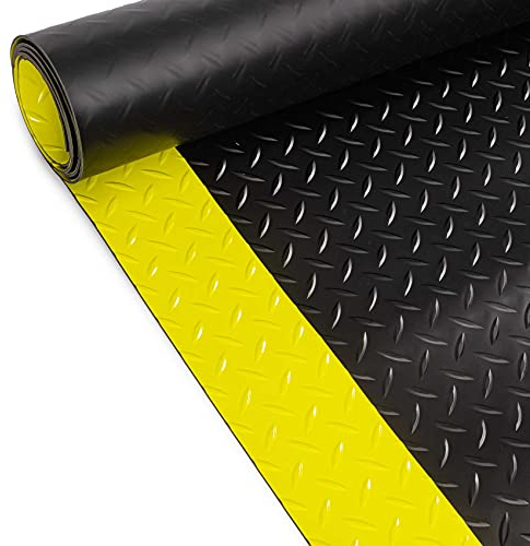 ANRO Bodenmatte mit gelben Warnstreifen 3mm PVC Antirutschmatte Bodenbelag schwarz 100x120cm