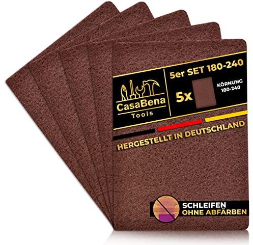 CasaBena® - 5er Set Schleifvlies für Holz, Metall, Lack & Edelstahl - MADE IN GERMANY - Schleifpapier & Schleifpads 5 Pads mit Körnungen [180-240] 150x210mm MITTEL - Schleifwolle & Schmirgelpapier