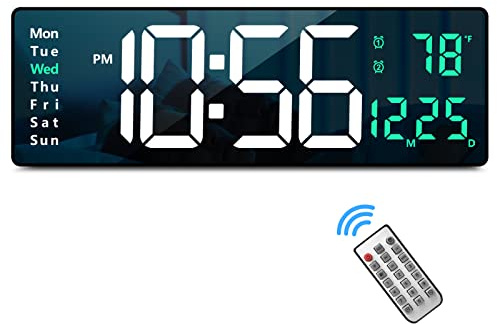 Digital Wall Clock Large Display, 16 with Remote Control for Living Room Gym Shop Warehouse Office Garage Decor, Auto Brightness Dimmer Reloj De Pared with Date Week Temp (Green)