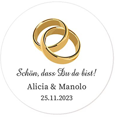 50 PERSONALISIERT Goldene Hochzeit Aufkleber, Goldene Ringe 40mm Runde Hochzeitsaufkleber Etiketten für Hochzeit,Gastgeschenk,50 Jahre Hochzeitstagfeier,Tüten,Flaschen - Rd 010 (004)