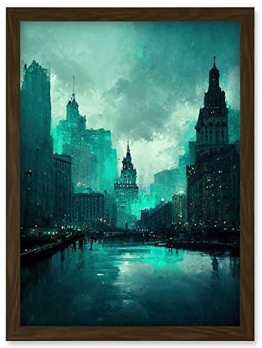 Doppelganger33 LTD Winter Teal New York Hudson River Cityscape Artwork Framed Wall Art Print A4