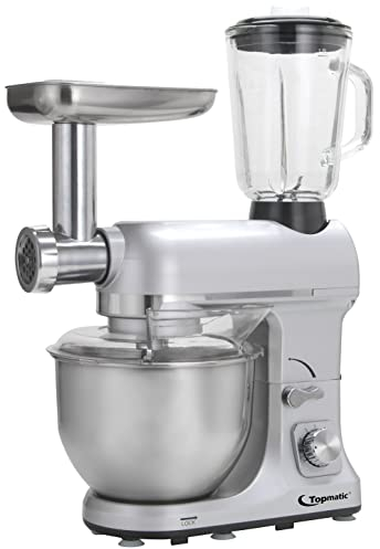Topmatic PKM-1800.1BG Silberfarben Multifunktion Mixer 1800W Teigmaschine Fleischwolf Multifunktionsküchenmaschine Küchenmaschine Backen Kneten Mixen Mischen Kochen