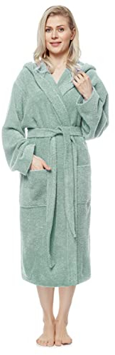 Arus Accappatoio da donna con cappuccio, lunghezza al polpaccio, 100% cotone spugna, XL-XXL, Verde Chiaro