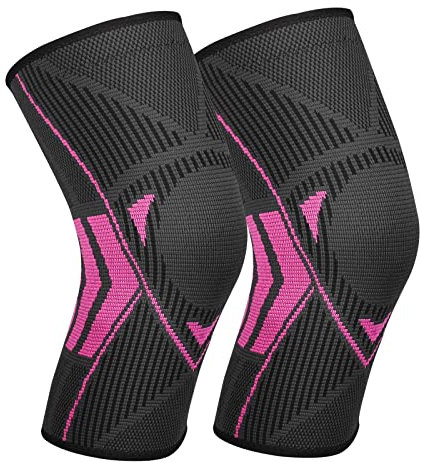 Ruilala Rodillera de compresión para rodilleras, 1 unidad, con tiras de silicona antideslizante, elástica, para hombres y mujeres, para artritis, ACL, menisco, deporte, fitness, color rojo rosa, L)