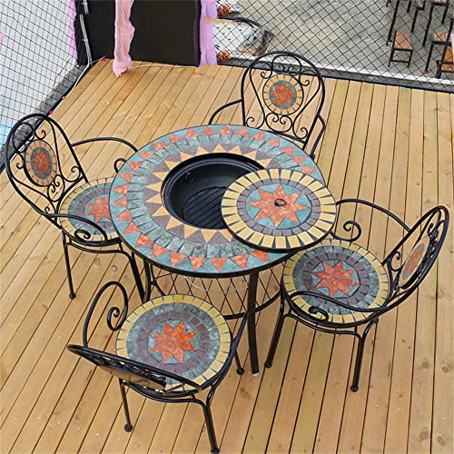 Outdoor-Mosaik-Grilltisch und Stuhl-Set, Outdoor-Beistelltische, Schmiedeeisen, Garten, lässiger Holzkohlegrill-Tischrahmen, für Bistro-Balkon-Veranda,A