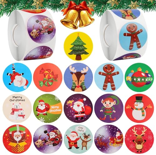 Kalolary 1000 Stück Aufkleber Weihnachten, Weihnachtsaufkleber Selbstklebend Weihnachtskugeln Aufkleber Sticker Rolle Weihnachtssticker für Weihnachten Party Geschenkverpackungen Umschlag