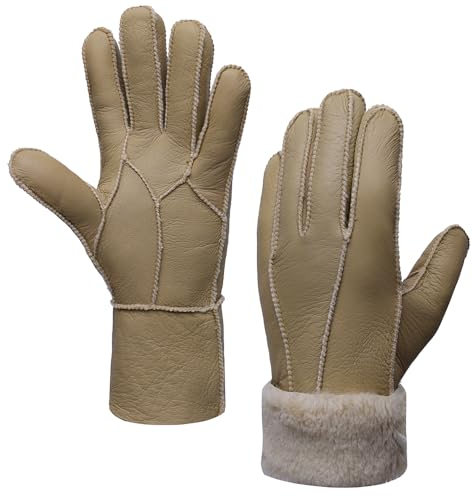 MGGMOKAY Damen Lederhandschuhe Schaffell Handschuhe aus Shearling Warme Winterhandschuhe,Beige,L