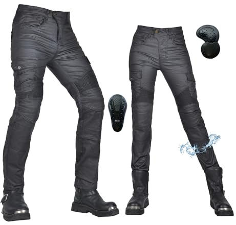 oFzimTo Motorradhose Herren/Damen, wasserdichte Beschichtung Motorrad Jeans mit Protektoren, Winterhose Stretch Motorradbekleidung (Schwarz-B,S)