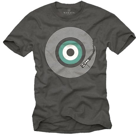 MAKAYA Retro Musik T-Shirt Herren - Vintage Vinyl Schallplatte Record Turntable Hip Hop Motiv Grau Größe M