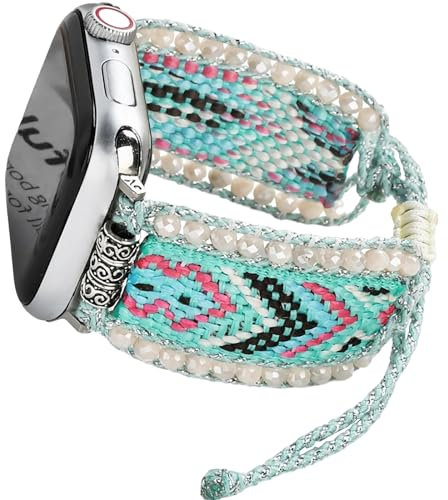Fancy Woven Braided Nylon Band Compatible with Apple Watch Bands 40mm 41mm 38mm, Retro Boho Friendship Bracelet Handmade Bohemian Beaded Adjustable Dressy Strap Wristbands for iWatch Bands Series