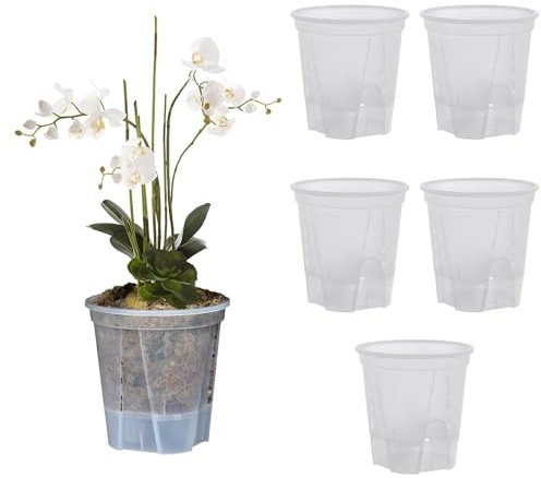 5 Stück Orchideentopf, Doppellagiger Kunststoff-Orchideen-Übertopf, Transparente Orchideentöpfe mit Löchern Sorgen für Gute Luftzirkulation, Atmungsaktiver, Geschlitzter(Grau: 12 x 8,5 x 14 cm)