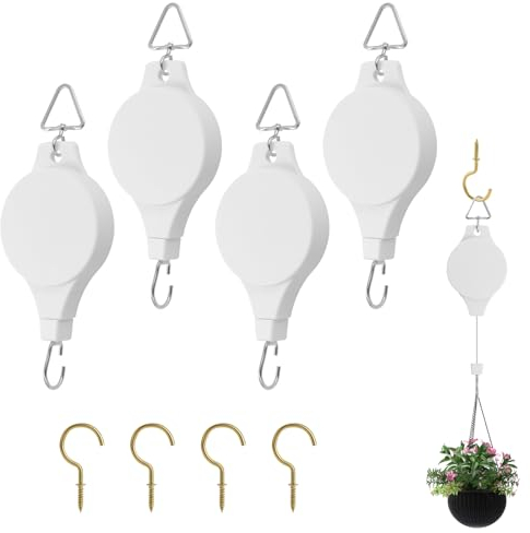 Coolty 4 Stück Pflanzenrolle Einziehbarer Haken für Pflanzen Ampelaufzug Blumenampel Halte Pflanzenlift Seilzug Blumenkorb Haken für Hängende Blumenkörbe Vogelfutterhäuschen