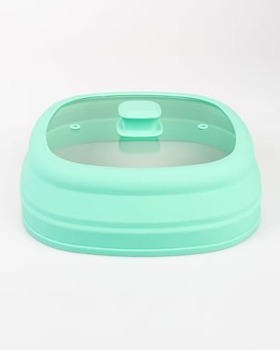 EarlyBird Couvercle pliable carré en verre et silicone - Pour micro-ondes - Carré - Couvercle en verre - Couvercle de protection pour aliments de camping - Couvercle pour micro-ondes - Turquoise - 27