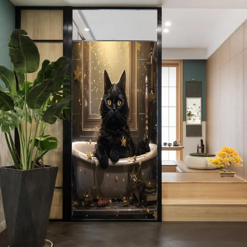 Sichtschutzfolie für Badewanne, Katze, schwarz, lustiges Tier, Bauernhaus, Buntglas, Fensterfolie, Sonnenblockierung, Wärmeregulierung, dekorative Fensterabdeckfolie für Zuhause, Büro, 60 x 80 cm