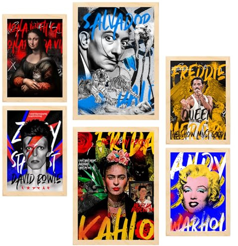 Nacnic 6er-Set Iconico Graffiti Pop Frida Dali Mercury Bowie Marilyn Gerahmtes Poster mit Design-Illustrationen zur Dekoration der Wände Ihres Zuhause Zimmer Büro im A3 & A4 Leichter Holzrahmen