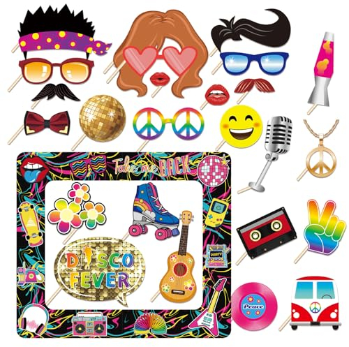 Doafoce 80s Foto Requisiten Props für Partydeko Deko Aufblasbarer Fotorahmen 25 STK Rock Hippie Fotoaccessoires Lustige Party Fotobox Requisiten, für Vielfalt Party Deko (A)