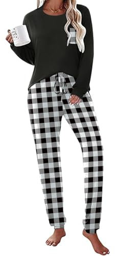 Ekouaer Pyjama Femme Hiver Vêtements De Nuit Chaud Pyjama 2 Pièces Cordon de Serrage à La Taille et Poche Carreaux, Noir et Blanc, XL
