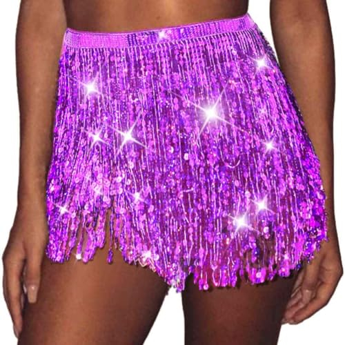 Edary Paillettenrock, glitzernde Fransenröcke, Bauchtanz-Rave-Minikostüm für Damen
