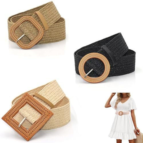YQBFTC Lot de 3 ceintures en paille, extensibles, ceinture pour femme, ceinture d'été bohème, ceinture tressée à taille large, ceinture en tissu ajustable, décorative, large ceinture tressée pour