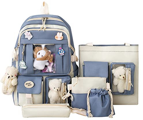 Boys School Backpack Unisex Children Backpacks 5PC School Starts Season Fashion Women Girl Student School Bag Canvas Cartoon Pendant Backpack Hand Bag Crossbody Bag Pen Bag Drawstring (Blue, One Size)