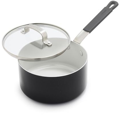 GreenPan x Bobby Flay 2.53QT Stielkasserolle mit Glasdeckel, PFAS- und PFOA-freie Keramik-Antihaftbeschichtung, Induktionsgeeignet, kühlbleibender Silikongriff, spülmaschinen- und ofenfest, Graphit