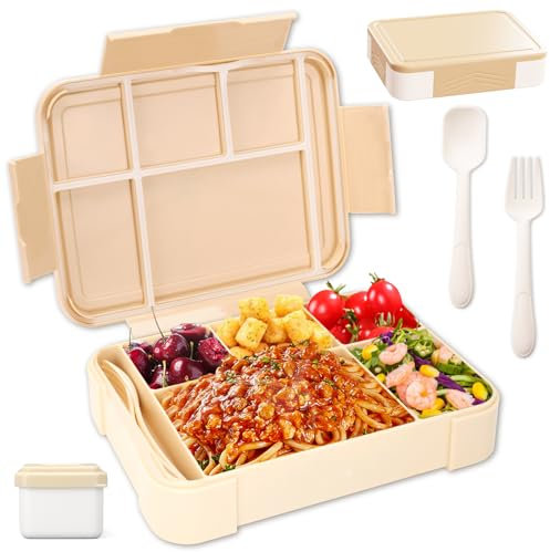 LUZOON Brotdose Kinder mit Fächern, 1330ml Jausenbox Kinder inkl. Besteck, Auslaufsicher Bento Box,Vesperdose für Kindergarten & Schule, Mikrowellen, SpüLmaschinen Sicherheit (Khaki②, 1330ml)