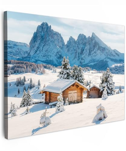 MuchoWow© Bilder 80x60 cm Wohnzimmer Deko Modern Wandbild Kunstdruck auf Leinwand Bild Schlafzimmer über Bett Room Decor Geschenke Winter - Hütte - Berg - Aussicht - Schnee