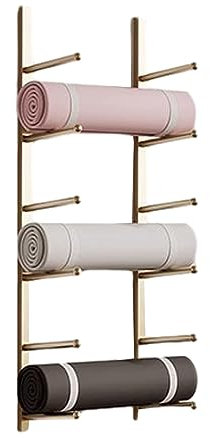 Yoga Mat Wandaufbewahrungsregal, Wandmontierte Yoga Mat Halter Gym Organizer, Home Fitness Zubehör Lagerung für Yoga Träger Pilates Matten Schaumroller (Color : Gold)
