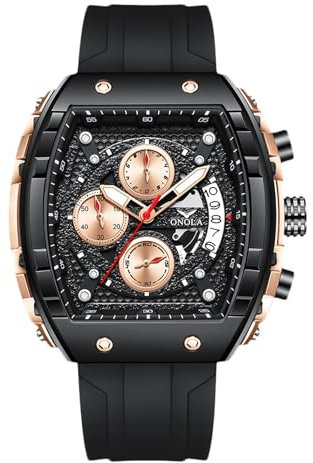 rorios Tonneau Armbanduhren für Herren Stilvolle Casual Uhren Sport Silikonarmband Herrenuhren Analoge Quarz Uhr Multifunktionale Chronograph Uhr Schwarz B