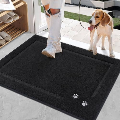 BEQHAUSE Dog Door Mat for Muddy Paws 60x90cm Dirt Trapper Absorbent Doormat Non Slip Entryway Rugs Washable Stain Resistant Welcome Floor Mat Soft Low-Profile for Front Back Door, Black