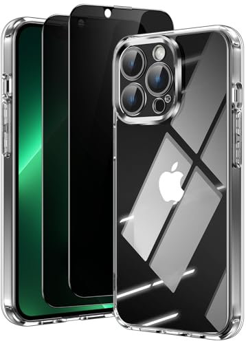 Aekyiwot 3 in 1 Handyhülle für iPhone 13 Pro Hülle mit 2 Stück Sichtschutz Schutzfolie, [Nie Vergilbung] [Kameraschutz] Hard PC Militärschutz Kratzfest Fallschutz Schutzhülle, Klar