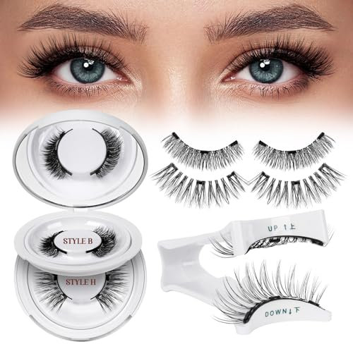 Cils Magnetique,Réutilisable Faux Cils Magnetique avec applicateur, pas besoin de colle Faux Cils Magnetique Naturel Facile à porter et à enlever, Livré avec un guide (B+H-2 paires)