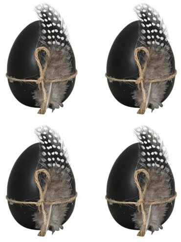 Posiwio 4tlg. Dekoei Feather schwarz H8cm stehende Ostereier mit Federn Osterdekoration modern
