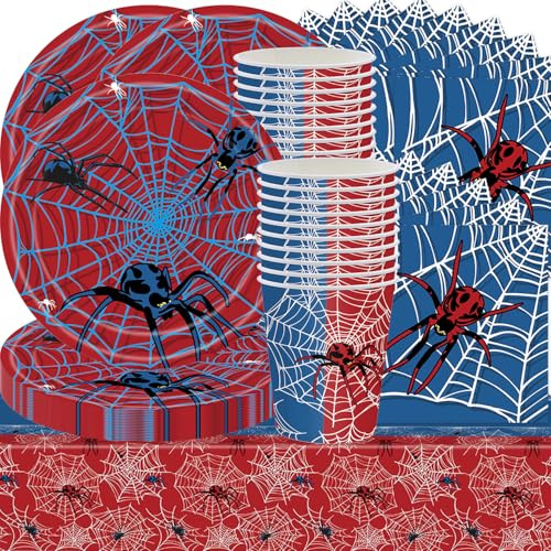 Set da 61 pezzi Spider Tableware Party Set Spider Theme Birthday Supplies, Ragazzi e Ragazze Party Decoration, Set di stoviglie per bambini include piatti, tazze, asciugamani di carta, tovaglie per 20