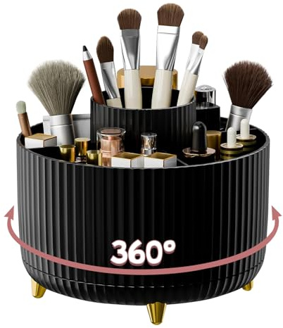 Bekeify 360° Rotating Makeup Organiser Makeup Brush Holder 5 Compartments | Cosmetic Organiser for Skincare Make up lipstick Brushes Storage for Vanity & Dressing Table Bedroom Bathroom Office, Black