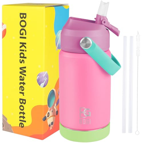 BOGI Children's Stainless Steel Water Bottle with Straw, Thermos Flask 350ml BPA Free Leak-Proof Thermal Water Bottle for School-MPink 350ml