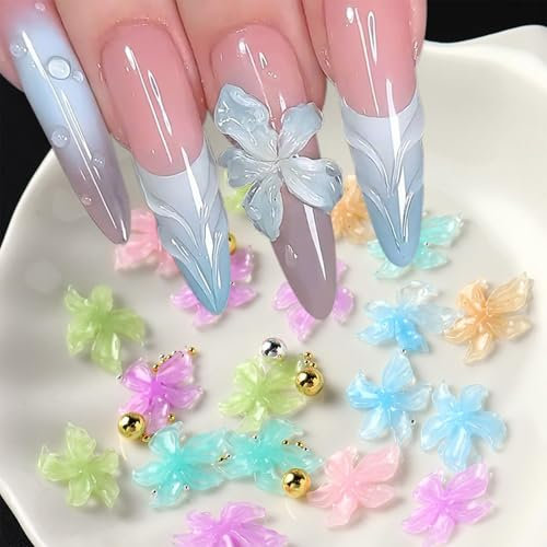 Shimmerz 100 Pcs Crystal Flower Nail Charms and Gems Mixed Colours Spring Flower Nail Rhinestones 3D Hawaiian Flower Nail Decoration Golden Beads
