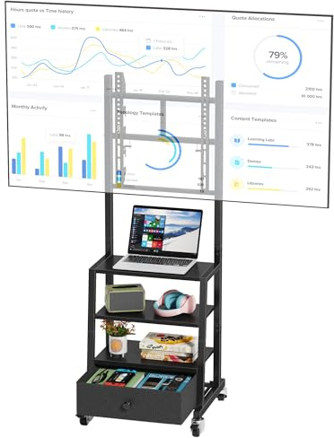 OYRREU Rolling TV Stand on Wheels with Mount and Storage Fabric Drawer for 32-55 Inches TV, Adjustable Height TV Stand, Black (VESA 400mm×400mm)
