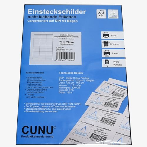 CUNU - Einstecketiketten zum Beschriften (70x39mm, DIN A4 30 Blatt) Nicht klebend, perforiertes Papier - Einsteckkarten perforiert zum Selbstdrucken - Regaletiketten vorperforiert für Scannerschienen