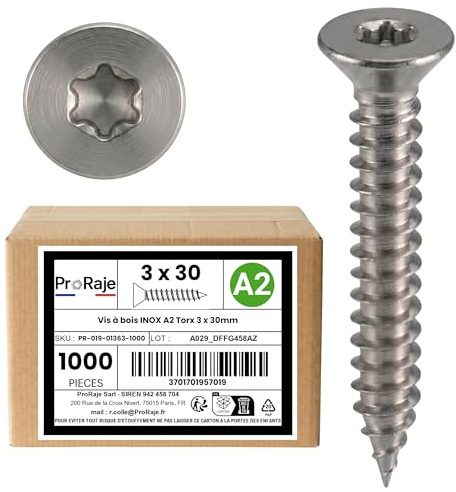 PRORAJE Träskruvar i rostfritt stål A2 3 x 30 mm – försänkt huvud med torxfotavtryck (TX) – rostfritt stål A2 (V2A/AISI 304) – spånskiveskruvar för konstruktion, terrass/etc