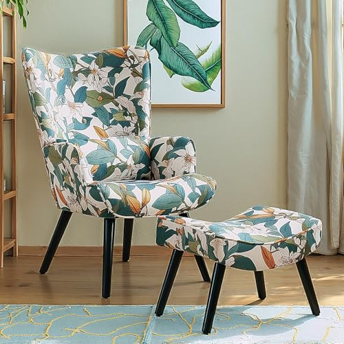 HomeMiYN Armchair Chair with Footstool and Pillow Wood Legs Green Leaf | Fabric Upholstered High Back Single Sofa Accent Lounge Chairs for Reading Living Room Bedroom