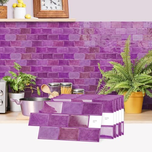 indabyo 10 Sheets Marble Effect Tile Stickers Stick on Tiles Backsplash | Kitchen Bathroom Wall Self Adhesive Vinyl Waterproof Peel and Stick Tile Covers Decals (Purple)
